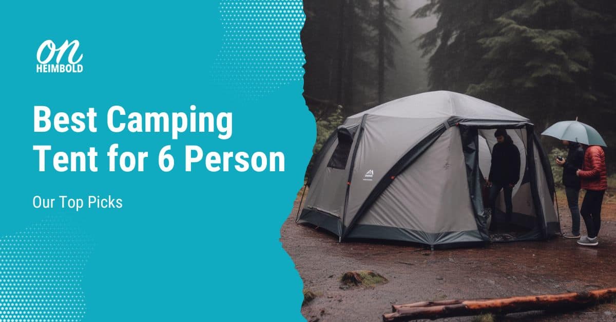 Title image for Best Camping Tent for 6 Person – with a tent and people in the rain at a forest (AI gen MJ)