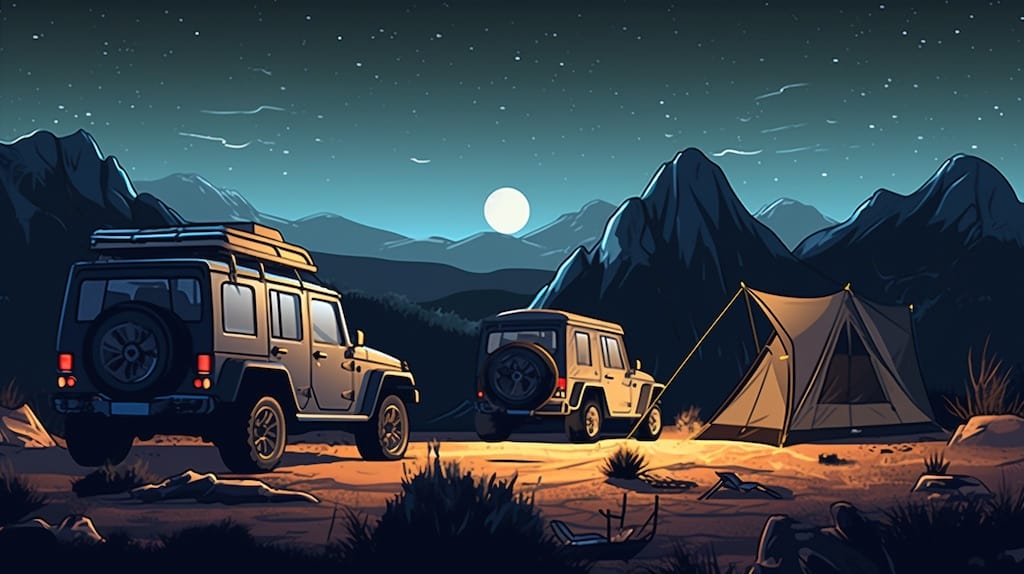 SUV convoy and overlanding tent camping at night