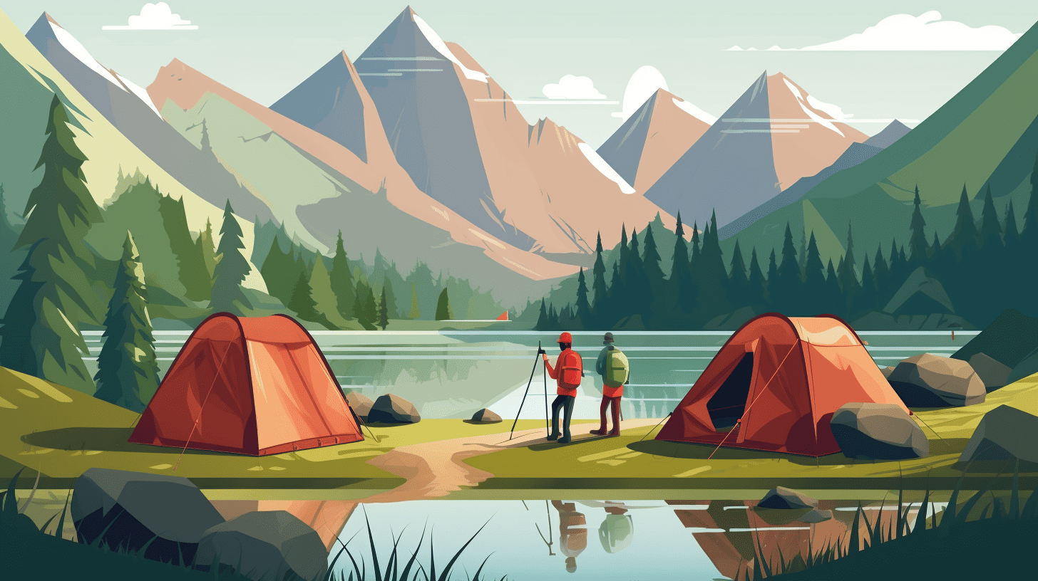 Vector image depicting two people camping at a lake, nestled between snowy mountain peaks and a lush forest, with two tents set up.