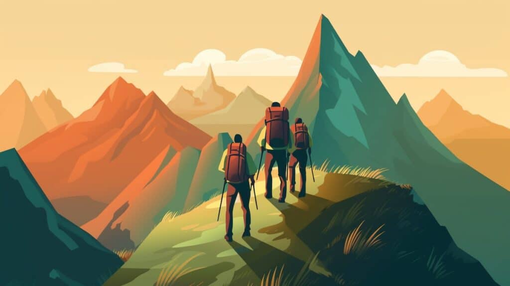 3 friends going mountaineering backpacking and camping