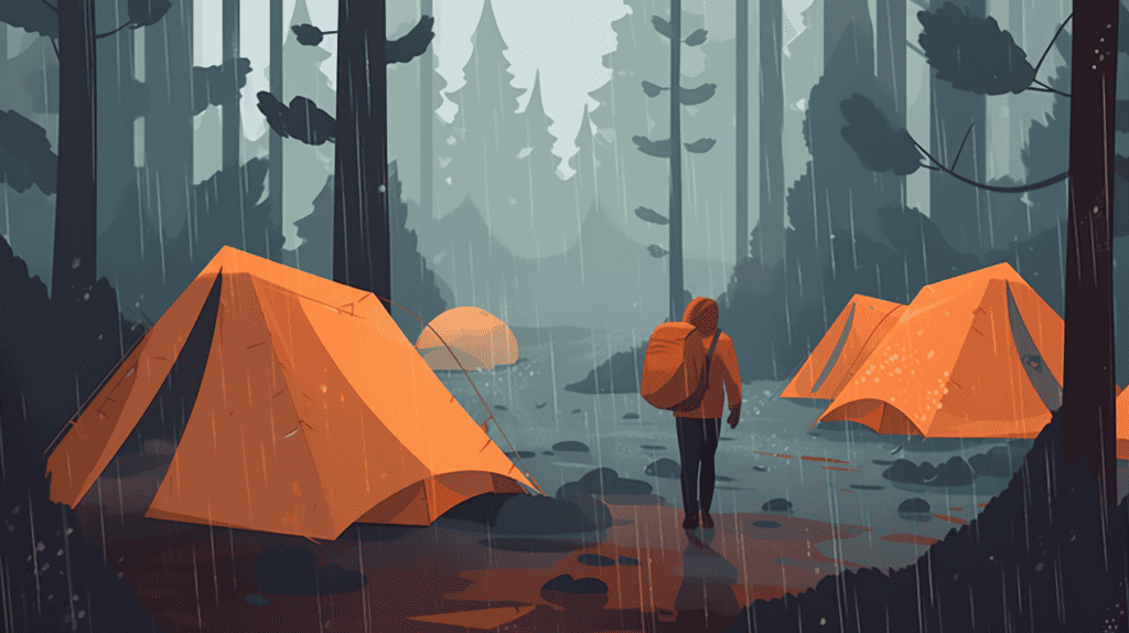 waterproof tents by rain in the misty forest with a backpacking man